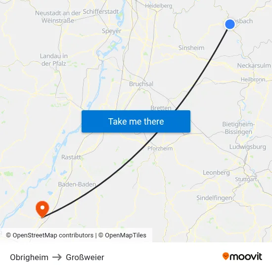 Obrigheim to Großweier map