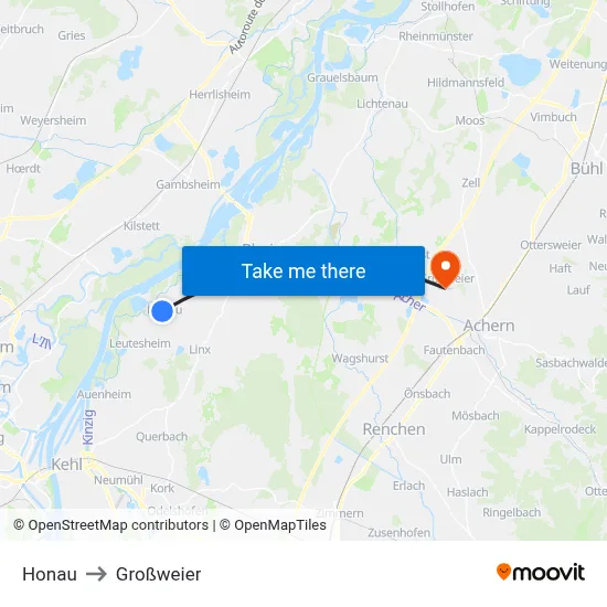 Honau to Großweier map