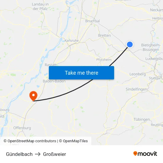 Gündelbach to Großweier map