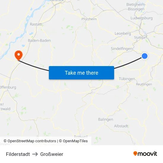 Filderstadt to Großweier map