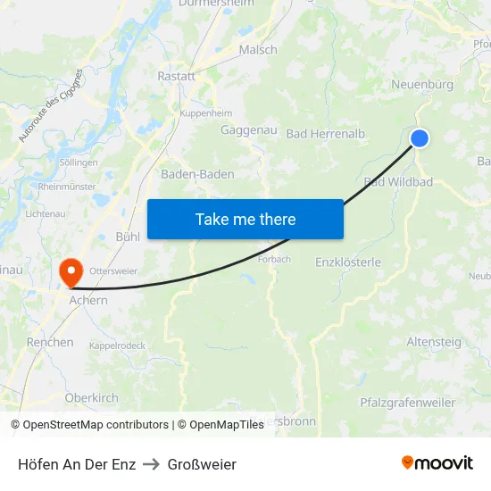 Höfen An Der Enz to Großweier map