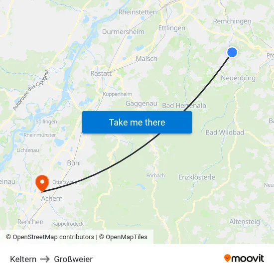 Keltern to Großweier map
