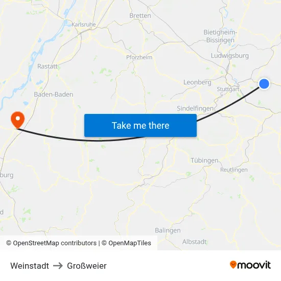 Weinstadt to Großweier map