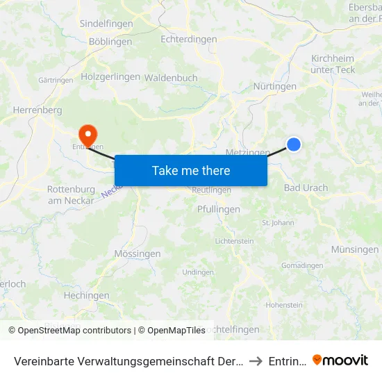 Vereinbarte Verwaltungsgemeinschaft Der Stadt Neuffen to Entringen map