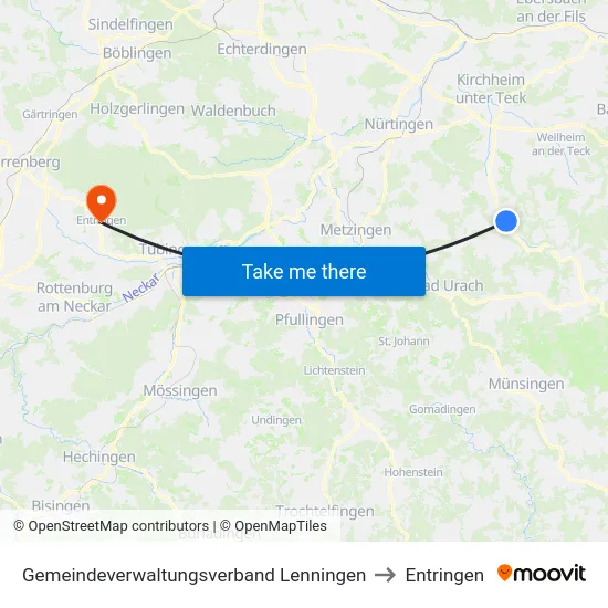 Gemeindeverwaltungsverband Lenningen to Entringen map