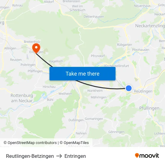 Reutlingen-Betzingen to Entringen map