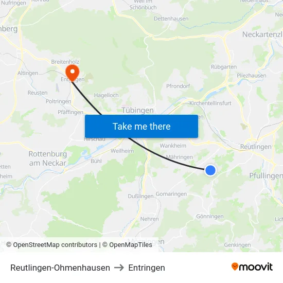 Reutlingen-Ohmenhausen to Entringen map