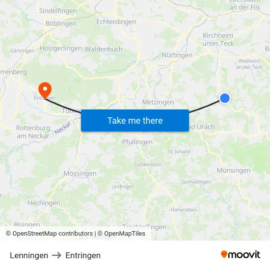 Lenningen to Entringen map