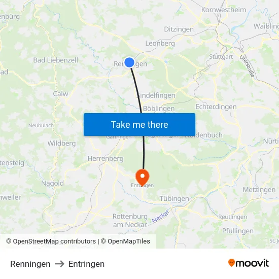 Renningen to Entringen map