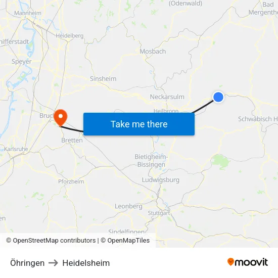 Öhringen to Heidelsheim map