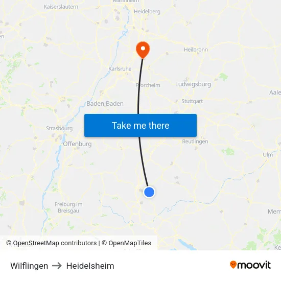 Wilflingen to Heidelsheim map