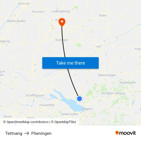 Tettnang to Plieningen map