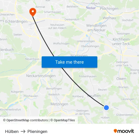 Hülben to Plieningen map