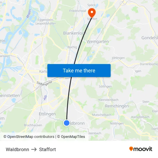 Waldbronn to Staffort map