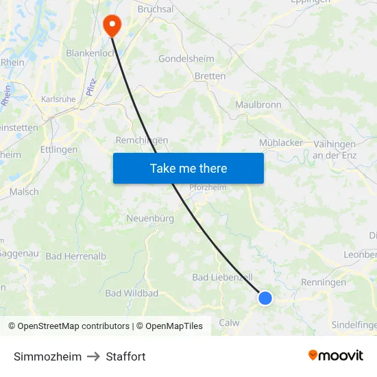 Simmozheim to Staffort map