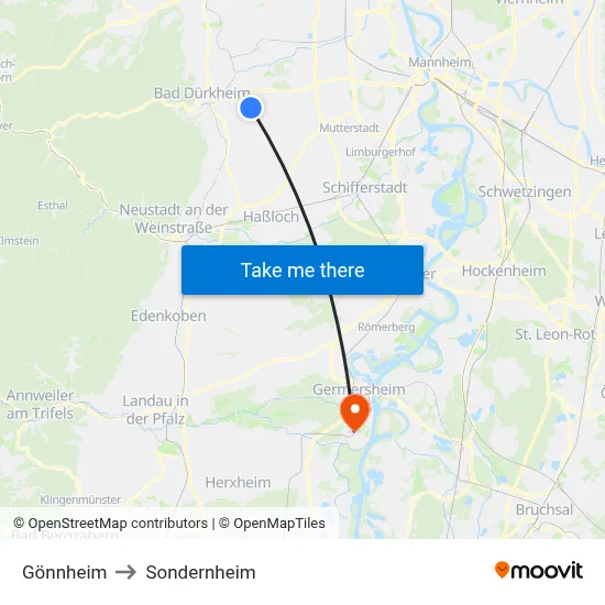 Gönnheim to Sondernheim map