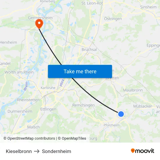 Kieselbronn to Sondernheim map