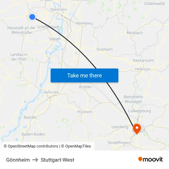 Gönnheim to Stuttgart-West map