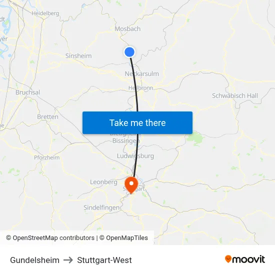Gundelsheim to Stuttgart-West map
