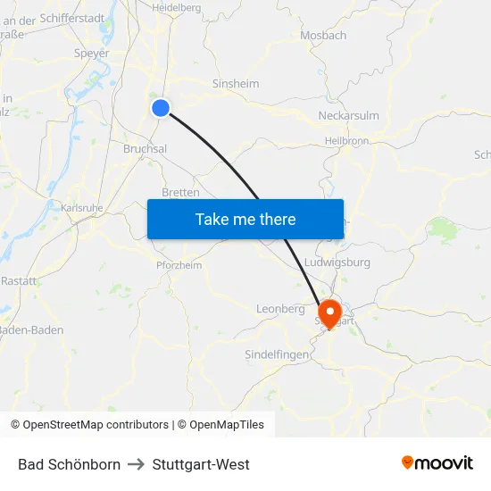 Bad Schönborn to Stuttgart-West map