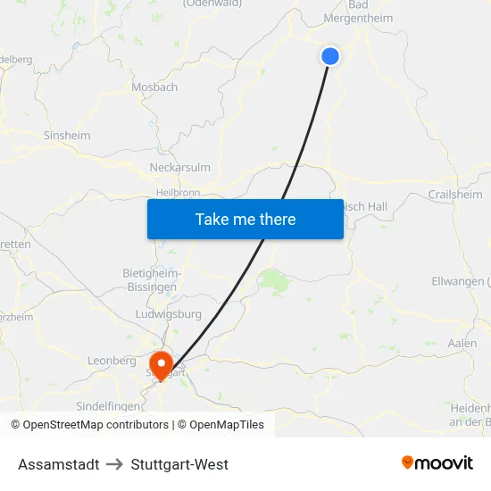Assamstadt to Stuttgart-West map