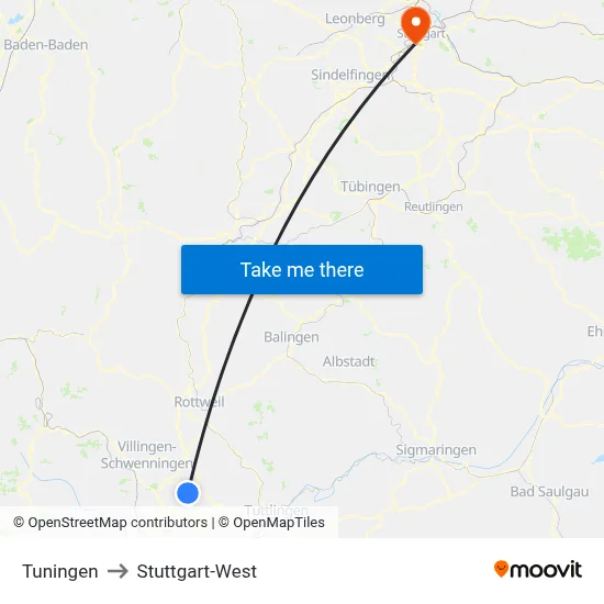 Tuningen to Stuttgart-West map