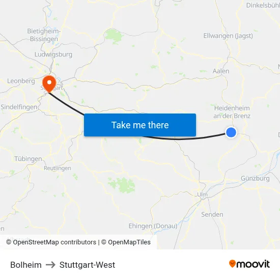 Bolheim to Stuttgart-West map