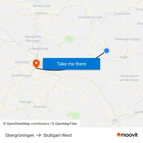 Obergröningen to Stuttgart-West map