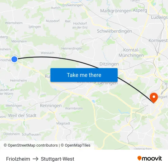 Friolzheim to Stuttgart-West map