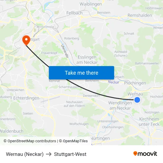 Wernau (Neckar) to Stuttgart-West map