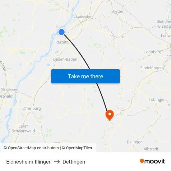 Elchesheim-Illingen to Dettingen map