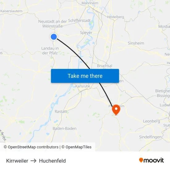 Kirrweiler to Huchenfeld map