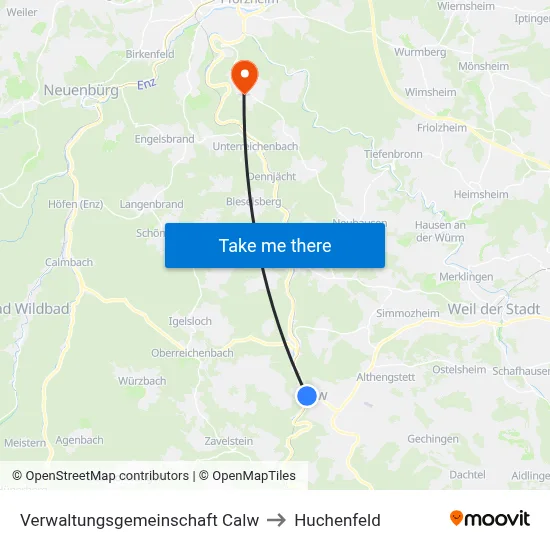Verwaltungsgemeinschaft Calw to Huchenfeld map