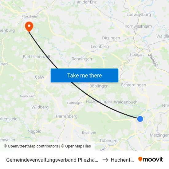 Gemeindeverwaltungsverband Pliezhausen to Huchenfeld map