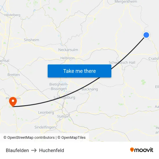 Blaufelden to Huchenfeld map