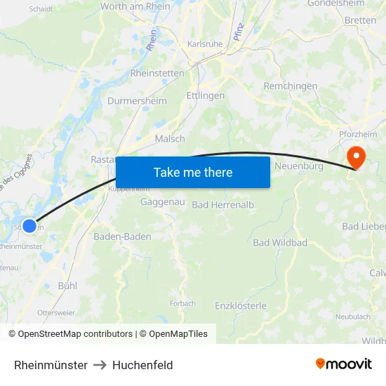 Rheinmünster to Huchenfeld map