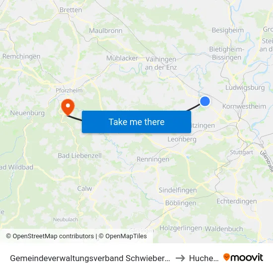 Gemeindeverwaltungsverband Schwieberdingen-Hemmingen to Huchenfeld map