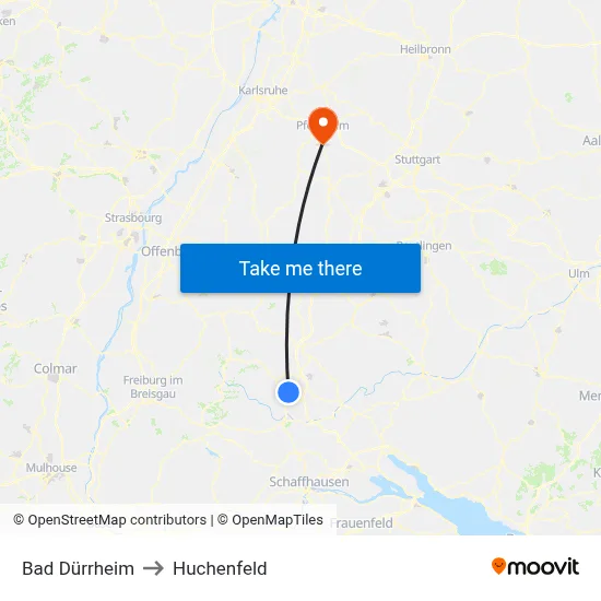 Bad Dürrheim to Huchenfeld map