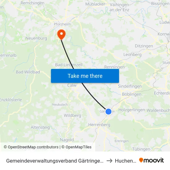 Gemeindeverwaltungsverband Gärtringen/Ehningen to Huchenfeld map