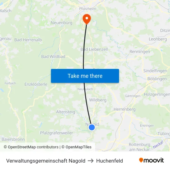 Verwaltungsgemeinschaft Nagold to Huchenfeld map