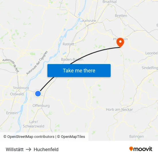 Willstätt to Huchenfeld map