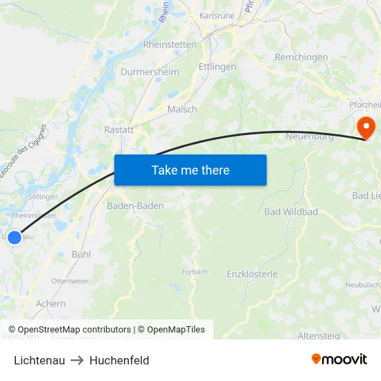 Lichtenau to Huchenfeld map