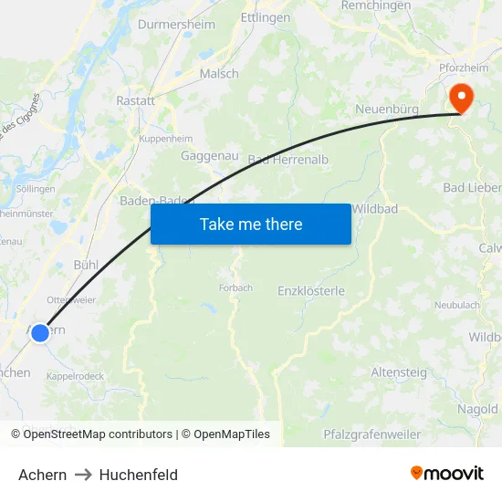 Achern to Huchenfeld map