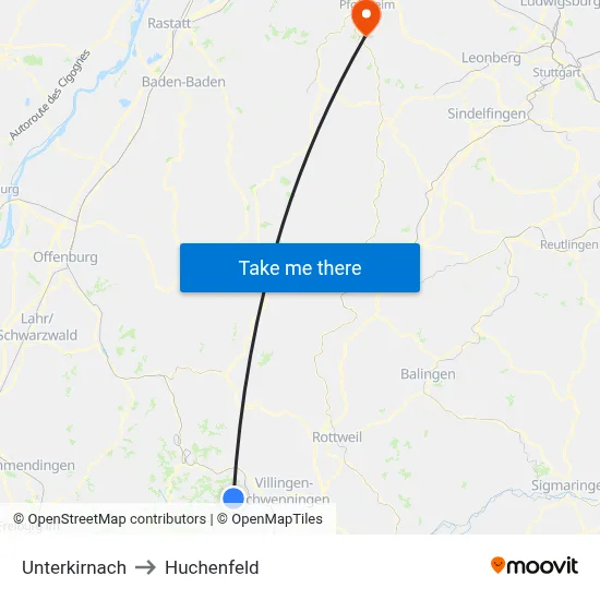 Unterkirnach to Huchenfeld map