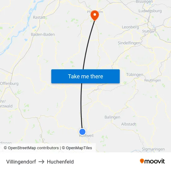 Villingendorf to Huchenfeld map