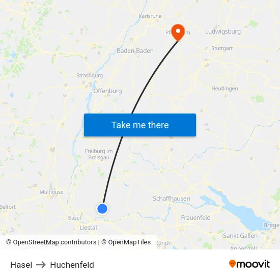 Hasel to Huchenfeld map