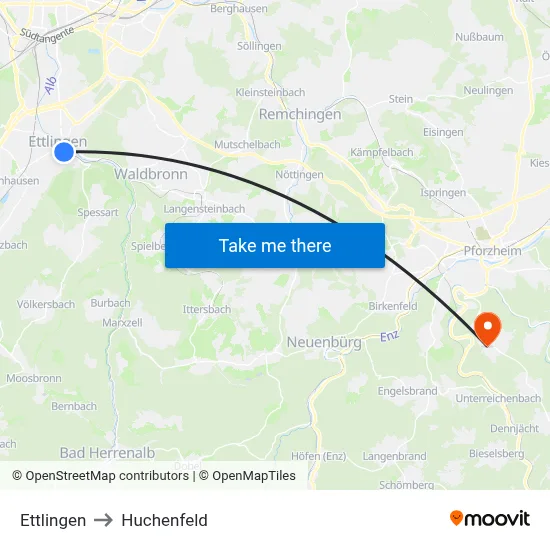 Ettlingen to Huchenfeld map