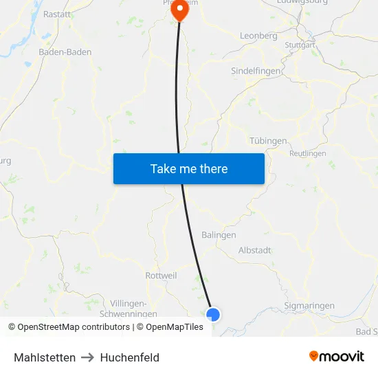 Mahlstetten to Huchenfeld map