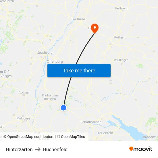 Hinterzarten to Huchenfeld map