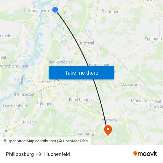 Philippsburg to Huchenfeld map